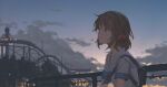  1girl amusement_park backpack bag blank_stare blue_eyes bow brown_hair clouds evening fence hair_bow hair_ornament hairpin hyxifeng light_frown medium_hair multiple_hairpins muted_color original outdoors parted_lips roller_coaster scenery school_uniform sky slouching solo three_quarter_view tower tree twilight upper_body 