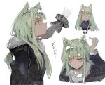  2girls animal_ear_fluff animal_ears bang_dream! bang_dream!_it&#039;s_mygo!!!!! black_coat black_gloves cat_ears coat commentary fur-trimmed_coat fur_trim gloves green_hair hashtag-only_commentary highres kemonomimi_mode long_hair long_sleeves multiple_girls multiple_views reiboubyou simple_background solo_focus togawa_sakiko translation_request wakaba_mutsumi white_background yellow_eyes 