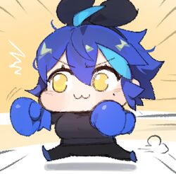  1girl :3 black_hairband blue_hair boxing_gloves breasts chibi dif_(difman) difman english_commentary full_body hairband large_breasts lowres mole mole_under_eye original short_hair solo yellow_eyes 