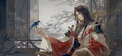  1boy bird black_eyes black_hair black_robe chair chinese_clothes coat cup curtains from_side hairband hanfu highres holding holding_cup indoors jiujiangzi_benren leaf long_hair long_sleeves looking_at_animal male_focus mole mole_under_eye mole_under_mouth multicolored_clothes multiple_moles parted_bangs parted_lips red_hairband red_sleeves robe round_window sitting snow snowing solo the_tale_of_food tree tusu_elixir_(the_tale_of_food) upper_body v-shaped_eyebrows white_coat white_robe wide_sleeves window 