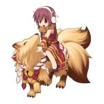  1girl animal_around_neck bell black_footwear brown_hair chibi detached_sleeves dress fox full_body hair_between_eyes jingle_bell kitsune long_hair medium_bangs multiple_tails official_art open_mouth petting professor_(ragnarok_online) rabbit_earmuffs ragnarok_online red_dress red_eyes red_sleeves riding shoes sidelocks simple_background sleeveless sleeveless_dress smile solo striped_sleeves tail transparent_background yellow_sleeves yuichirou 