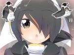  &gt;_&lt; 1girl animal_costume black_eyes black_hair black_jacket blush brown_background chibi chibi_inset commentary_request emperor_penguin_(kemono_friends) hair_between_eyes hair_over_one_eye headphones jacket kemono_friends lets0020 long_bangs looking_at_viewer multicolored_hair numbered o_o open_mouth orange_hair penguin_costume short_hair solo sparkle streaked_hair upper_body v-shaped_eyebrows 