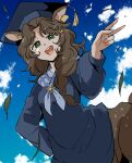  1girl :d animal_ears black_hat black_robe blue_sky breasts brown_hair centauroid clouds commentary cowboy_shot day deer_ears deer_girl deer_tail ear_tag green_eyes grey_neckerchief hair_ornament hairclip hand_on_own_hip hat hat_tassel highres jessica_(reverse:1999) long_hair long_sleeves looking_at_viewer monster_girl mortarboard neckerchief open_mouth parted_bangs reverse:1999 robe sidelocks sky small_breasts smile solo standing tail tassel taur teeth upper_teeth_only v ziyunshanding 