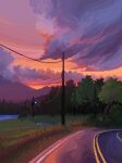  clouds commentary english_commentary gradient_sky grass jubilee_(8pxl) mountainous_horizon multicolored_sky no_humans original pink_sky pixel_art power_lines road scenery sky sunset tree utility_pole 