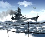  aichi_e13a battleship clouds cloudy_sky day hyuuga_(battleship) imperial_japanese_navy matsuda_juukou military_vehicle no_humans ocean original ship sky smokestack vehicle_focus warship watercraft waves 