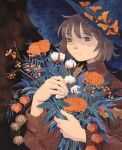  1girl autumn berry black_background blue_hat brown_eyes brown_hair brown_sweater chinese_lantern_(plant) cotton_(plant) flower flower_request hat heikala highres holding holding_flower holding_plant orange_flower original painting_(medium) plant short_hair solo sweater traditional_media watercolor_(medium) witch_hat 