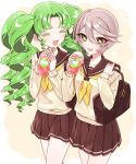  2girls :d ^_^ ao_(ao0_0nemu) bag black_skirt closed_eyes cowboy_shot cup disposable_cup facing_another falulu falulu_(awakened) green_eyes green_hair grey_hair hair_between_eyes hands_up highres holding holding_cup long_hair long_sleeves multiple_girls neckerchief open_mouth parted_bangs pleated_skirt pretty_series pripara school_bag school_uniform serafuku shikyoin_hibiki shirt short_hair sidelocks simple_background skirt smile standing twintails very_long_hair white_background white_shirt yellow_neckerchief 