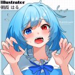  1girl asaka_haru123 blue_background blue_eyes blue_hair blush flying_sweatdrops heterochromia highres open_mouth red_eyes short_hair simple_background solo tatara_kogasa touhou twitter_username upper_body 