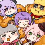  1boy 4girls :3 @_@ ahoge animal_ears animal_nose bags_under_eyes bandana black_eyes blunt_bangs blush_stickers chibi chicken_nuggets closed_eyes closed_mouth colored_skin demon_horns eating facing_viewer fairys_(vtuber) food food_in_mouth food_on_face food_on_head full_mouth furrowed_brow green_eyes grey_background grey_eyes grey_hair grimace hat horns indie_virtual_youtuber jitome long_hair mimic_(vtuber) mochi_hiyoko mochipro mode_aim multiple_girls object_on_head open_mouth overalls oversized_food oversized_object peanuts-kun pink_eyes pink_hair ponpoko_(vtuber) purple_hair raccoon_ears raccoon_girl red_bandana short_hair simple_background tearing_up tenmiyakiyo tilted_headwear too_much_food twintails v-shaped_eyebrows virtual_youtuber yellow_skin 