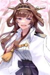  1girl absurdres ahoge black_skirt brown_hair commentary_request double_bun gold_hairband hair_bun hairband headgear highres jacket jacket_on_shoulders japanese_clothes kantai_collection kongou_(kancolle) kongou_kai_ni_(kancolle) military_jacket nontraditional_miko open_mouth panda_(heart_sink) popped_collar skirt smile solo tree upper_body violet_eyes 