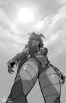  1girl @_@ antenna_hair arthropod_girl arthropod_limbs artist_name borrowed_character breasts claws clouds cloudy_sky dated exoskeleton extra_arms from_below glowing glowing_eyes greyscale highres insect_queen_(mechapen) medium_breasts monochrome original short_hair signature sky solo sun za1f0n 