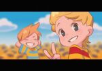  2boys arms_behind_head black_eyes blonde_hair blurry blurry_background brothers claus_(mother_3) closed_eyes field flower flower_field grin looking_back lucas_(mother_3) mother_(game) mother_3 multiple_boys orange_hair outdoors shirt short_hair short_sleeves siblings smile striped_clothes striped_shirt sunflower sunflower_field ukata 