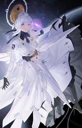  1girl absurdres belt belt_pouch black_belt black_dress black_gloves clothing_cutout dress garrison_cap gloves gown grey_eyes hair_ornament halo hat highres liv:_empyrea_(punishing:_gray_raven) liv_(punishing:_gray_raven) mechanical_foot mechanical_halo mechanical_legs mechanical_wings medium_hair pouch punishing:_gray_raven shoulder_cutout shrimpun sidelocks solo two-sided_dress two-sided_fabric white_dress white_hair wings x_hair_ornament 