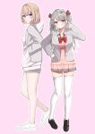  2girls absurdres ara1e blonde_hair blush cardigan dress_shirt grey_hair hair_ribbon hand_on_own_hip hands_in_pockets highres hood hooded_jacket jacket loafers looking_at_viewer medium_hair multiple_girls original red_eyes ribbon school_uniform shirt shoes skirt smile thigh-highs twintails violet_eyes 