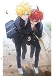  2boys arm_hug bag black_jacket black_pants blonde_hair clenched_teeth closed_eyes closed_mouth cold commentary ear_piercing gakuran green_eyes highres jacket leaf long_sleeves male_focus multiple_boys original outdoors pants piercing pillow_(nutsfool) redhead school_bag school_uniform shirt shoes sneakers symbol-only_commentary teeth walking white_footwear white_shirt wind 