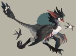  animal_focus bird bird_wings black_horns bul_(moiko) claws feathered_wings from_side full_body grey_background highres horns looking_ahead no_humans original pink_eyes raptor simple_background smile solo swallow_(bird) tail walking wings 