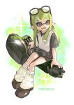  1girl black-framed_eyewear c0_mai commentary commission eyewear_on_head full_body glasses green_background green_hair highres inkling inkling_girl inkling_player_character long_hair nautilus_(splatoon) open_mouth pointy_ears sitting smile solo splatoon_(series) splatoon_3 teeth tentacle_hair two-tone_background violet_eyes watermark white_background 