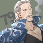  1boy benn_beckman black_hair cigarette collarbone commentary_request earrings english_commentary facial_hair grey_hair jewelry male_focus medium_hair mixed-language_commentary mouth_hold one_piece open_mouth scar scar_on_face smoke solo teeth yoshicha 
