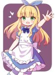  1girl :d alice_in_wonderland apron arm_up blonde_hair blue_bow blue_dress blue_hairband blue_ribbon blush border bow collared_dress dress frilled_apron frilled_dress frills green_eyes hair_ribbon hairband heart highres long_hair looking_at_viewer open_mouth original puffy_short_sleeves puffy_sleeves purple_background ribbon short_sleeves smile solo striped_clothes striped_thighhighs thigh-highs tsukimi_shokudouki very_long_hair white_apron white_border yukinagi 