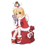  1girl blonde_hair box closed_mouth coat feathered_wings full_body fur-trimmed_coat fur-trimmed_footwear fur_trim gift gift_box green_eyes hair_between_eyes holding holding_gift hook_hand long_bangs long_hair long_sleeves official_art pantyhose ragnarok_online red_footwear sack santa_costume shoes simple_background sitting smile snowman snowman_on_head solo transparent_background white_pantyhose white_wings wings yuichirou 