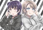  2girls absurdres black_hoodie blue_eyes blush character_name grey_hoodie highres hood hoodie light_brown_hair looking_at_viewer love_live! love_live!_sunshine!! multiple_girls purple_hair rippe short_hair smile striped_background tongue tongue_out tsushima_yoshiko v violet_eyes watanabe_you 
