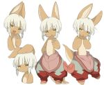  1other :3 :o androgynous animal_ears arm_behind_back body_fur brown_fur closed_mouth colored_eyelashes ears_down fang frown furry hand_up highres jitome looking_at_viewer looking_to_the_side made_in_abyss multiple_views nanachi_(made_in_abyss) navel open_mouth other_focus pants pouch puffy_pants rabbit_ears red_pants short_hair sidelocks simple_background smile tail uis0 whiskers white_background white_hair 