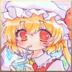  1girl ascot bat_wings bendy_straw blonde_hair blush chibi collar crystal diamond-shaped_pupils diamond_(shape) drink drinking drinking_straw drinking_straw_in_mouth flandre_scarlet frilled_collar frills hat hat_ribbon highres holding holding_drink marker_(medium) mob_cap multicolored_wings no_nose one_side_up puffy_sleeves red_eyes red_vest ribbon shikishi shirt short_hair side_ponytail sidelocks solo symbol-shaped_pupils touhou traditional_media vest white_hat wings yasonomugi yellow_ascot 