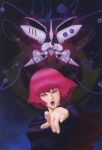  1990s_(style) 1girl asteroid axis_(gundam) bit_(gundam) blue_eyes emblem english_commentary gundam haman_karn highres kitazume_hiroyuki looking_at_viewer mecha mobile_suit neo_zeon pointing pointing_at_viewer promotional_art purple_hair qubeley retro_artstyle robot roundel scan science_fiction shouting space starry_background traditional_media when_you_see_it zeta_gundam 