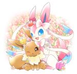  animal_focus blue_eyes blush bright_pupils brown_eyes eevee fang flower full_body hair_flower hair_ornament hand_on_another&#039;s_head moka-momaka no_humans one_eye_closed open_mouth pawpads pink_flower pokemon pokemon_(creature) sitting sylveon white_pupils 