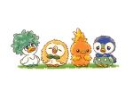  animal_focus bird blue_eyes chicken curious duck facing_viewer fluffy full_body grass highres lineup looking_at_viewer looking_up no_humans opipi_omame owl penguin piplup pokemon pokemon_(creature) quaxly red_eyes rowlet sad simple_background sleeping torchic white_background worried 