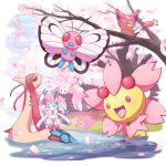  alternate_color animal_focus blue_eyes border bug butterfly butterfree cherrim cherrim_(sunshine) cherry_blossoms closed_mouth commentary_request falling_petals floating mew_(pokemon) milotic no_humans outdoors petals pokemon pokemon_(creature) red_eyes scales shiny_pokemon sitting_on_branch skitty slowpoke smile sylveon tree wataame4907 water white_border 