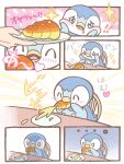  ... 1girl ^_^ blue_eyes blush closed_eyes commentary_request eating food heart highres holding official_art open_mouth piplup plate pokemon pokemon_(creature) saliva sparkle translation_request 