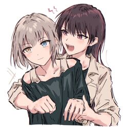  2girls arm_grab bang_dream! bang_dream!_it&#039;s_mygo!!!!! behind_another black_shirt blue_eyes blush brown_hair bullfalk closed_mouth collarbone collared_shirt grey_hair heterochromia highres kaname_raana mole mole_under_eye multiple_girls off-shoulder_shirt off_shoulder open_mouth shiina_taki shirt shout_lines sleeves_past_elbows teeth upper_body v-shaped_eyebrows violet_eyes white_background white_shirt yellow_eyes 