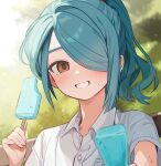  1boy aqua_hair blurry blurry_background blush brown_eyes buttons collared_shirt dot_nose dual_wielding ebi_(shrimp_eleven) foliage food food_bite grin hair_over_one_eye hair_tie hand_out_of_frame hands_up happy highres holding inazuma_eleven_(series) incoming_food kazemaru_ichirouta male_focus medium_hair outdoors outstretched_hand ponytail popsicle portrait pov shirt short_sleeves smile solo sunlight sweat water_drop white_shirt wing_collar 