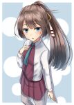  1girl aqua_necktie blue_eyes blush brown_hair commentary dress grey_pantyhose hair_ribbon hand_on_own_chest highres kantai_collection kazagumo_(kancolle) long_hair looking_at_viewer necktie open_mouth pantyhose pleated_dress ponytail purple_dress ribbon school_uniform shirt solo white_shirt yakob_labo 