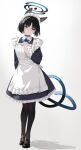  1girl alternate_costume animal_ear_fluff animal_ears apron black_choker black_dress black_eyes black_footwear black_hair black_pantyhose blue_archive blue_halo blush breasts cat_ears cat_tail choker dress enmaided full_body gradient_background halo highres kikyou_(blue_archive) long_sleeves maid maid_apron maid_headdress medium_breasts multiple_tails open_mouth pantyhose rokuwata_tomoe shoes short_hair solo tail two_tails white_apron 