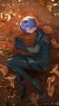  1girl absurdres ayanami_rei black_bodysuit blue_hair bodysuit breasts cola-alter copyright_request disembodied_hand from_above full_body hair_between_eyes highres holding looking_at_viewer lying medium_breasts neon_genesis_evangelion on_side plugsuit rebuild_of_evangelion red_eyes short_hair solo_focus 