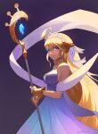  1girl ahoge bare_shoulders blonde_hair blue_dress blue_eyes closed_mouth dragalia_lost dress english_commentary from_side hair_ribbon highres holding holding_staff long_hair looking_at_viewer purple_background ribbon sleeveless sleeveless_dress smile solo spiffydc staff tiara twitter_username very_long_hair white_ribbon zethia 