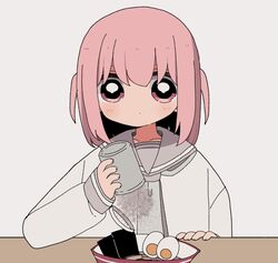  1girl bad_id bad_twitter_id bowl closed_mouth egg_(food) failure food grey_background grey_sailor_collar highres holding long_sleeves nekokawaii_milk noodles original pepper_(spice) pepper_shaker pink_eyes pink_hair ramen sailor_collar school_uniform serafuku shirt solo table two_side_up upper_body white_shirt 