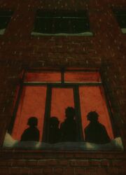  2boys 2girls apartment brick_wall building dark highres lonesomnia multiple_boys multiple_girls night original painting_(medium) shadow silhouette traditional_media watercolor_(medium) window 