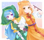  2girls apron aqua_apron arm_ribbon belt blonde_hair blue_hair double_bun dress green_apron green_belt green_hood hair_bun haniwa_(statue) haniyasushin_keiki head_scarf highres joutouguu_mayumi milll_77 multiple_girls ribbon salute single_strap tools touhou violet_eyes white_ribbon wood_carving_tool yellow_dress yellow_eyes 