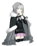  1girl boots ddd_itsuki eating fate_(series) fur_trim gray_(fate) grey_eyes grey_hair highres hood hood_up long_hair long_sleeves lord_el-melloi_ii_case_files miniskirt pink_skirt pleated_skirt simple_background skirt solo thigh_boots white_background zettai_ryouiki 