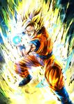  1boy absurdres blonde_hair blue_sash blue_shirt blue_wristband commentary_request dragon_ball dragon_ball_z electricity energy foot_out_of_frame green_eyes highres kaib0y kamehameha_(dragon_ball) looking_at_viewer making-of_available male_focus medium_hair muscular muscular_male open_mouth orange_pants orange_vest pants sash shirt short_sleeves solo son_goku standing super_saiyan super_saiyan_2 vest wristband 