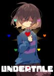 1other ahoge arm_at_side black_background blue_sweater brown_hair brown_shorts child closed_eyes closed_mouth copyright_name crossed_bangs facing_viewer frisk_(undertale) hair_between_eyes hand_on_own_chest heart highres light_smile long_sleeves medium_hair nikorashi-ka purple_sweater shorts solo striped_clothes striped_sweater sweater turtleneck turtleneck_sweater undertale 