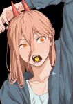  1girl chainsaw_man collarbone cross-shaped_pupils hair_between_eyes highres horns long_hair open_mouth portrait power_(chainsaw_man) red_horns sharp_teeth shirt solo symbol-shaped_pupils teeth tonta_(tonta1231) uneven_eyes white_shirt yellow_eyes 