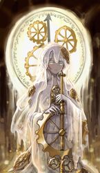  1girl blue_eyes clock_hair_ornament dress e.g.o_(project_moon) elbow_gloves everlasting_(e.g.o) everlasting_faust_(project_moon) faust_(project_moon) gear_hair_ornament gears gloves highres limbus_company looking_at_viewer nra_3614 parted_lips project_moon short_hair solo sword upper_body weapon white_dress white_gloves white_hair white_veil wide_sleeves 