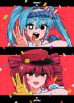  2girls absurdres black_eyes black_mouth blue_dress blue_hair bow confetti crying dress drill_hair gloves grid_background hair_bow hat hatsune_miku highres kasane_teto long_hair looking_at_viewer mesmerizer_(vocaloid) multiple_girls open_mouth pink_hair red_background red_hat shaded_face sharp_teeth smile sono_(sanch1_88) striped_bow sweat symbol_in_eye teeth tongue tongue_out tridecagram twin_drills twintails utau very_long_hair visor_cap vocaloid yellow_gloves 