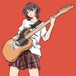  1girl blue_eyes brown_hair clothes_writing commentary cowboy_shot electric_guitar girls_band_cry guitar hashtag-only_commentary instrument iseri_nina low_twintails plaid_clothes plaid_skirt playing_guitar pleated_skirt red_background red_skirt shikai_no_sumi_kuchiru_oto shirt short_hair short_sleeves short_twintails simple_background skirt solo tongue tongue_out twintails white_shirt xqii 