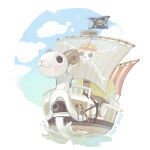  anchor artist_name bad_source blush cannon clouds english_commentary fairyapple flag going_merry gradient_background jolly_roger mast no_humans ocean one_piece pirate_ship prow sailing_ship ship sky straw_hats_jolly_roger tree veil watercraft 
