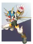  1boy arm_cannon armor black_background commentary copy_x_(mega_man) forehead_jewel full_body gradient_background green_helmet grey_background highres male_focus mechanical_wings mega_man_(series) mega_man_zero_(series) protected_link solo wagiri_pencil weapon white_armor white_background wings x_buster 